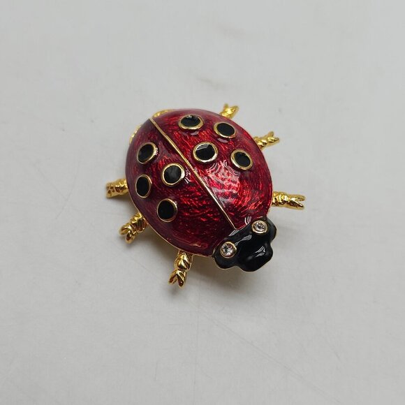 Vintage Ladybug Brooch Pin Gold Tone Red Enamel Black Dots Rhinestone Eyes - Picture 2 of 5